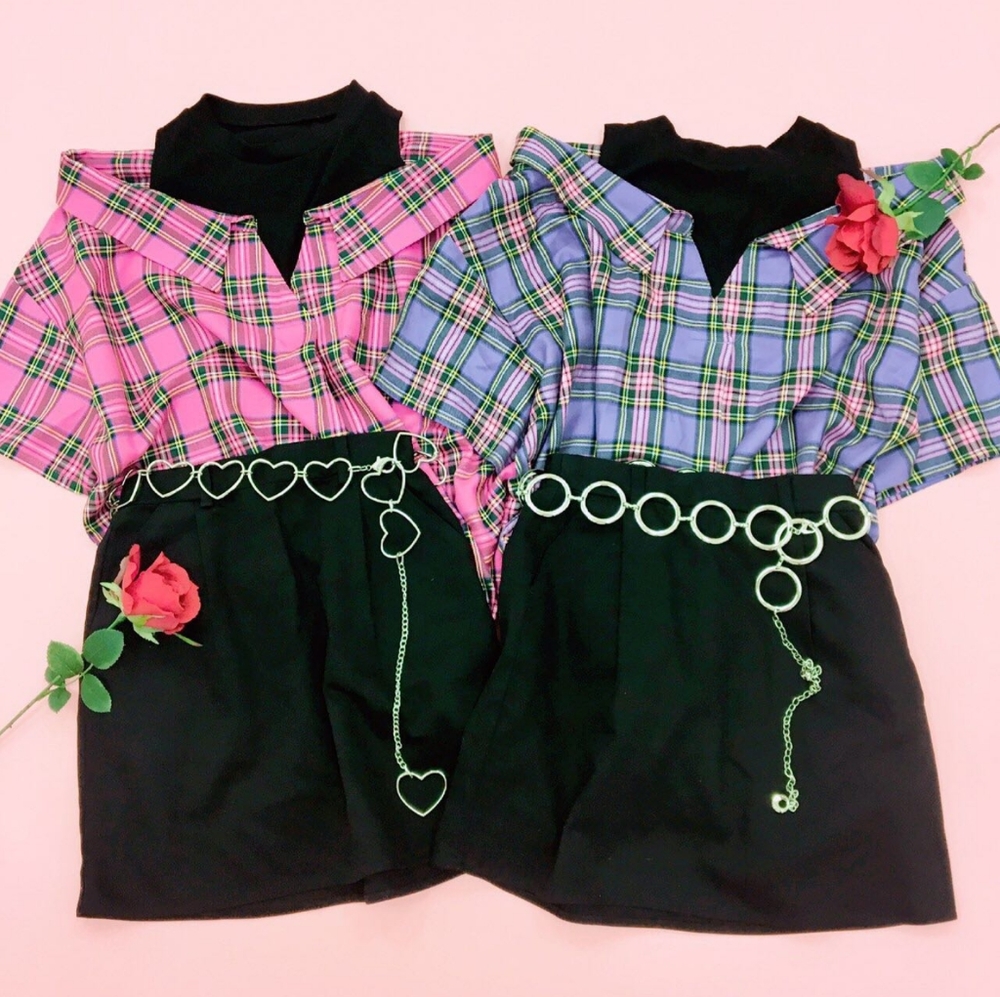 W♥C / Wego Japan mock layered cold shoulder pink plaid shirt dress